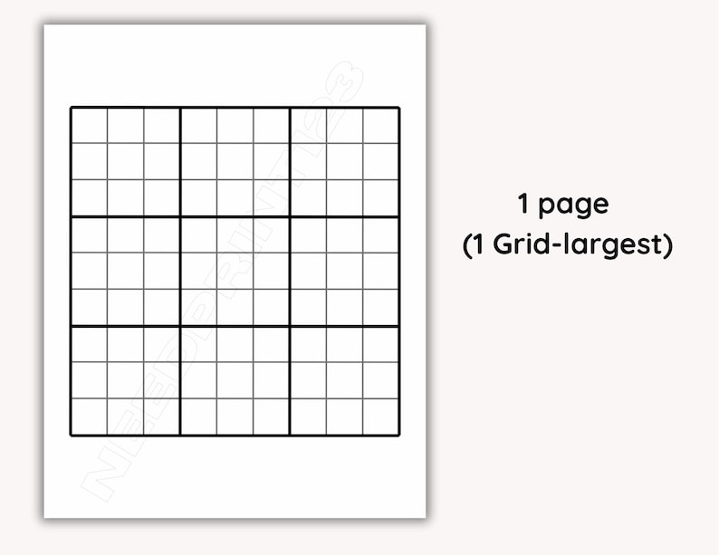 May include: A white sheet of paper with a black grid pattern, designed for a Sudoku puzzle. The text "1 page (1 Grid-largest)" is printed on the right side of the paper. The grid is divided into smaller squares.