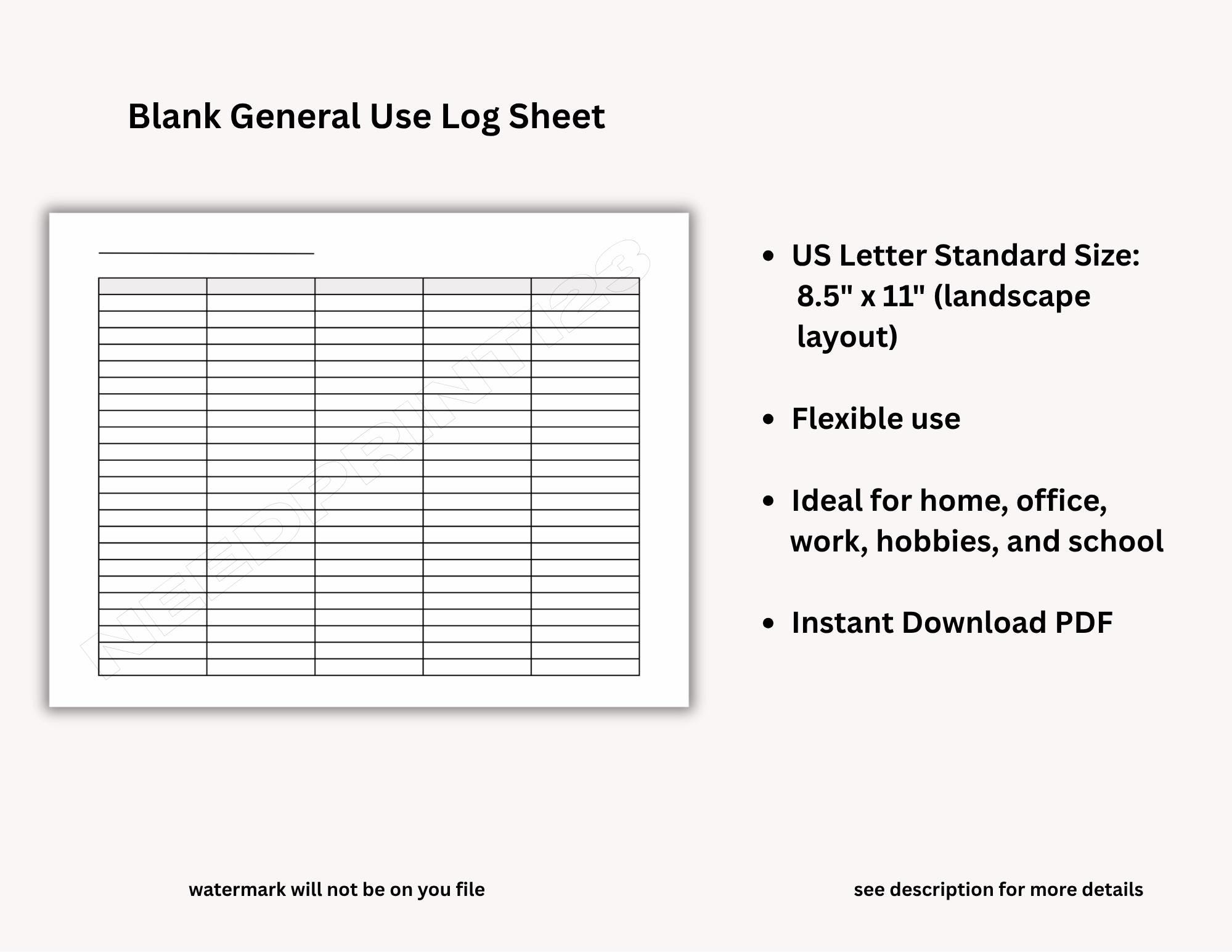 General Blank Log Sheet Printable, Home, School, Office (US Letter PDF ...