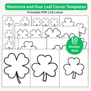 Peut inclure: Modèles imprimables de trèfles à quatre feuilles et de trèfles en noir sur fond blanc. Le texte « Shamrock and Four Leaf Clover Templates » et « Printable PDF | US Letter » est inclus. Un cercle vert indique « 10 pages » et « Multiply Sizes ».