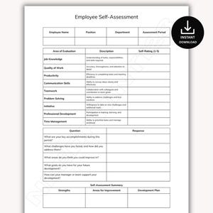 May include: A printable Employee Self-Assessment form. The document includes sections for job knowledge, teamwork, and professional development. It also has areas for self-rating, questions, and a development plan. An instant download icon is in the upper right corner.
