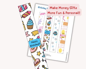 Birthday Money Strap Printable PDF, Cash Gift Holder Straps: Instant Download Money Wraps