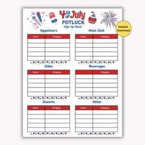 May include: A 4th of July potluck sign-up sheet with red, white, and blue graphics including fireworks, a popsicle, and a cupcake. The document features sections for Appetizers, Main Dish, Sides, Beverages, Deserts, and Other with name columns.