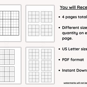 May include: Four white pages with black grid patterns, varying in size and quantity, are displayed. Text on the right states "You will Receive:" and lists details about the file, including "4 pages total", "US Letter sized file", and "Instant Download".