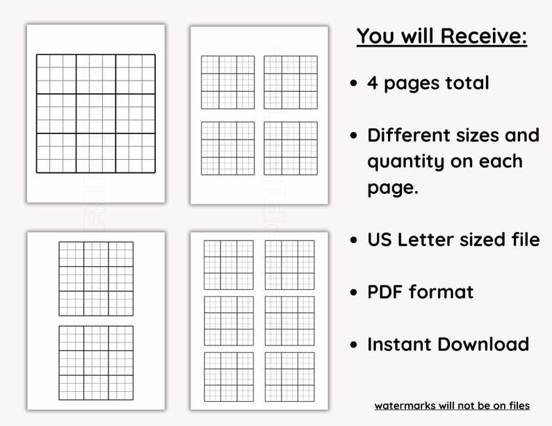 May include: Four white pages with black grid patterns, varying in size and quantity, are displayed. Text on the right states "You will Receive:" and lists details about the file, including "4 pages total", "US Letter sized file", and "Instant Download".