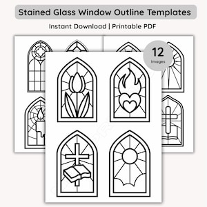 May include: Black and white printable templates of stained glass window outlines. The designs include a tulip, a heart with flames, a cross, a candle, and a sunburst. The text on the image reads "Stained Glass Window Outline Templates" and "Instant Download | Printable PDF".