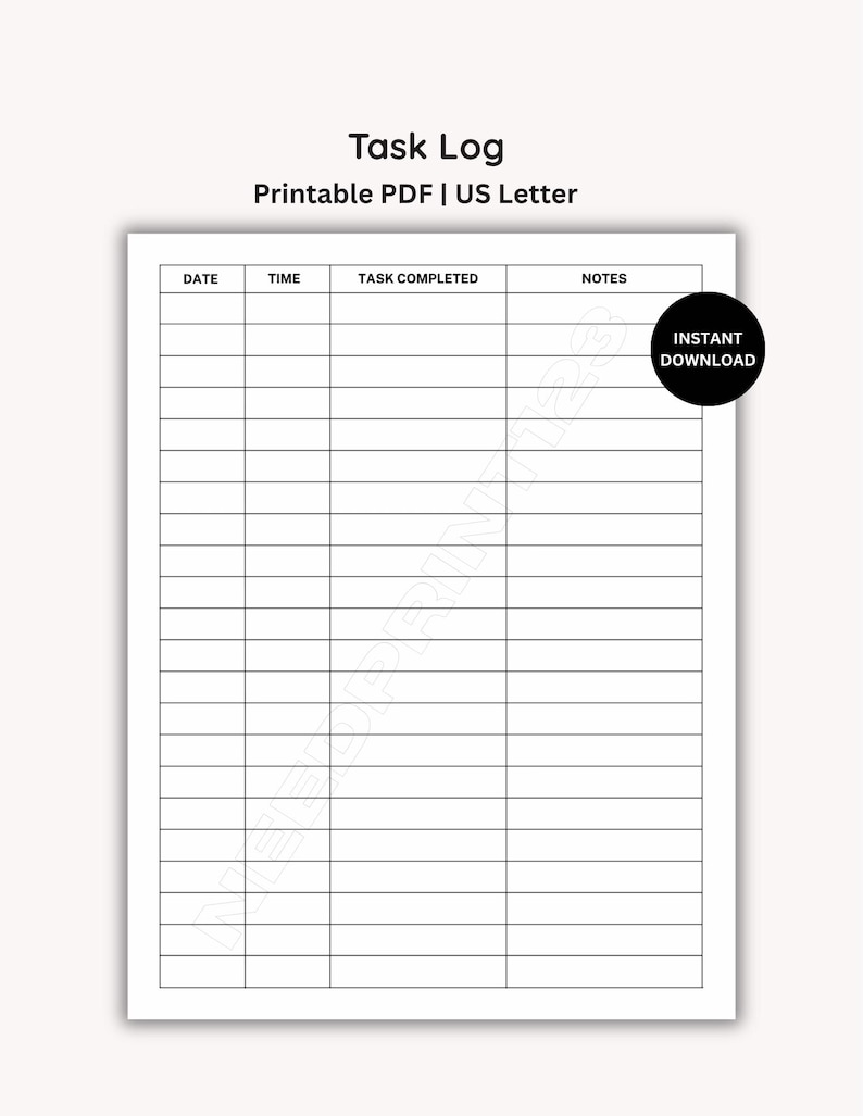Task Log Printable Template: Instant Download, PDF (US Letter) - Etsy