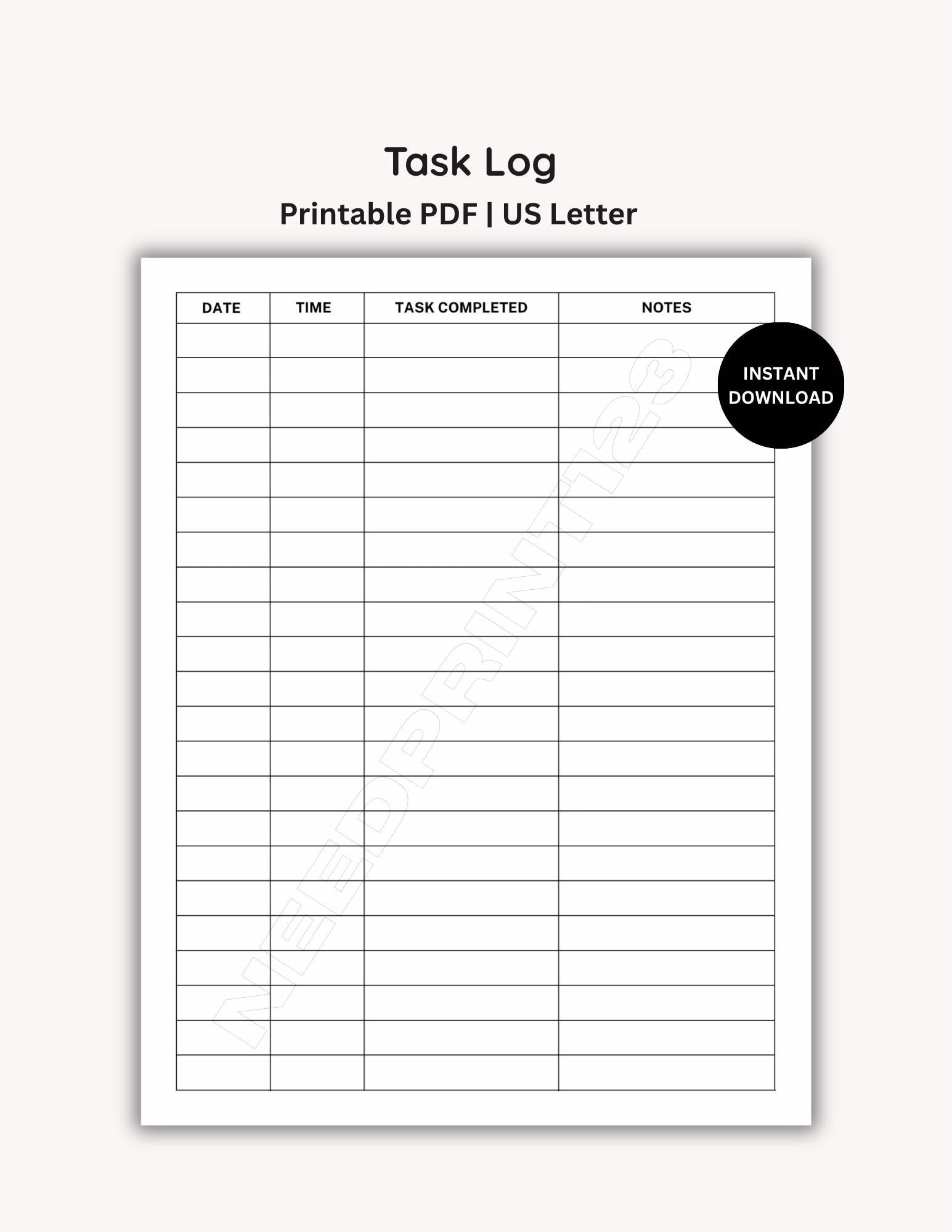 Task Log Printable Template: Instant Download, PDF (US Letter) - Etsy