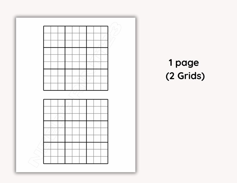 May include: A white sheet of paper with two Sudoku grids. The grids are divided into smaller squares by black lines. The text "1 page (2 Grids)" is printed in black on the right side of the paper.