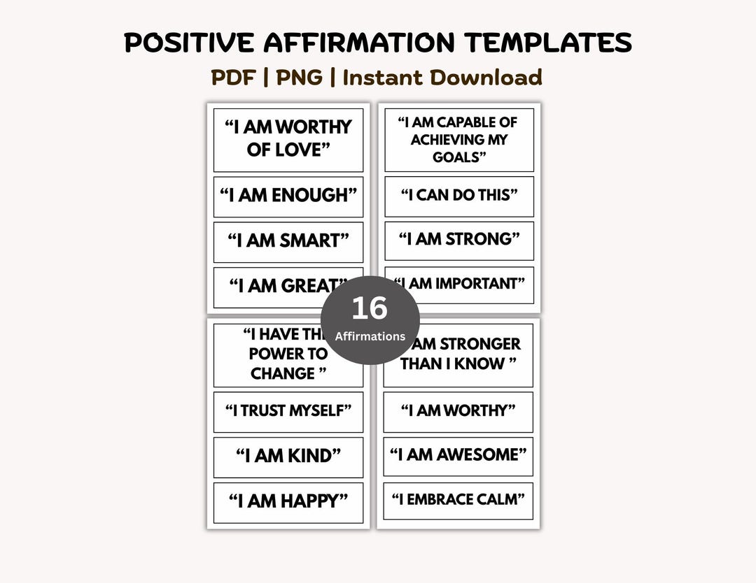 Positive Affirmation Templates: Instant Download, Printable PDF, PNG ...