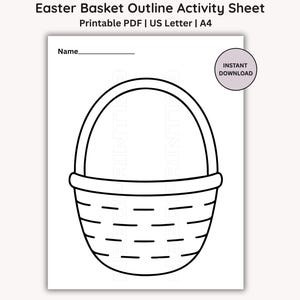 Op de afbeelding: Zwart-wit paasmand omtrek activiteit blad. De afdrukbare PDF bevat een mand omtrek met een handvat, klaar om in te kleuren. Tekst bevat "Easter Basket Outline Activity Sheet" en "Instant Download."