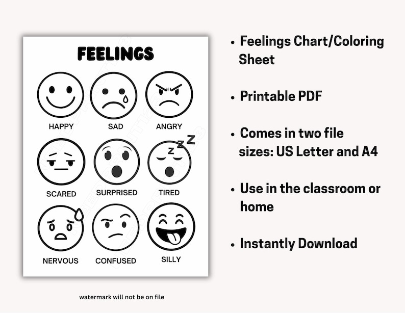 Whtit Feelings Feelings Emotions Chart Color in Sheet: Instant Download, PDF (US ...