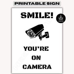 Smile You're On Camera Printable Sign, Security Sign: Instant Download, US Letter, A4, A5