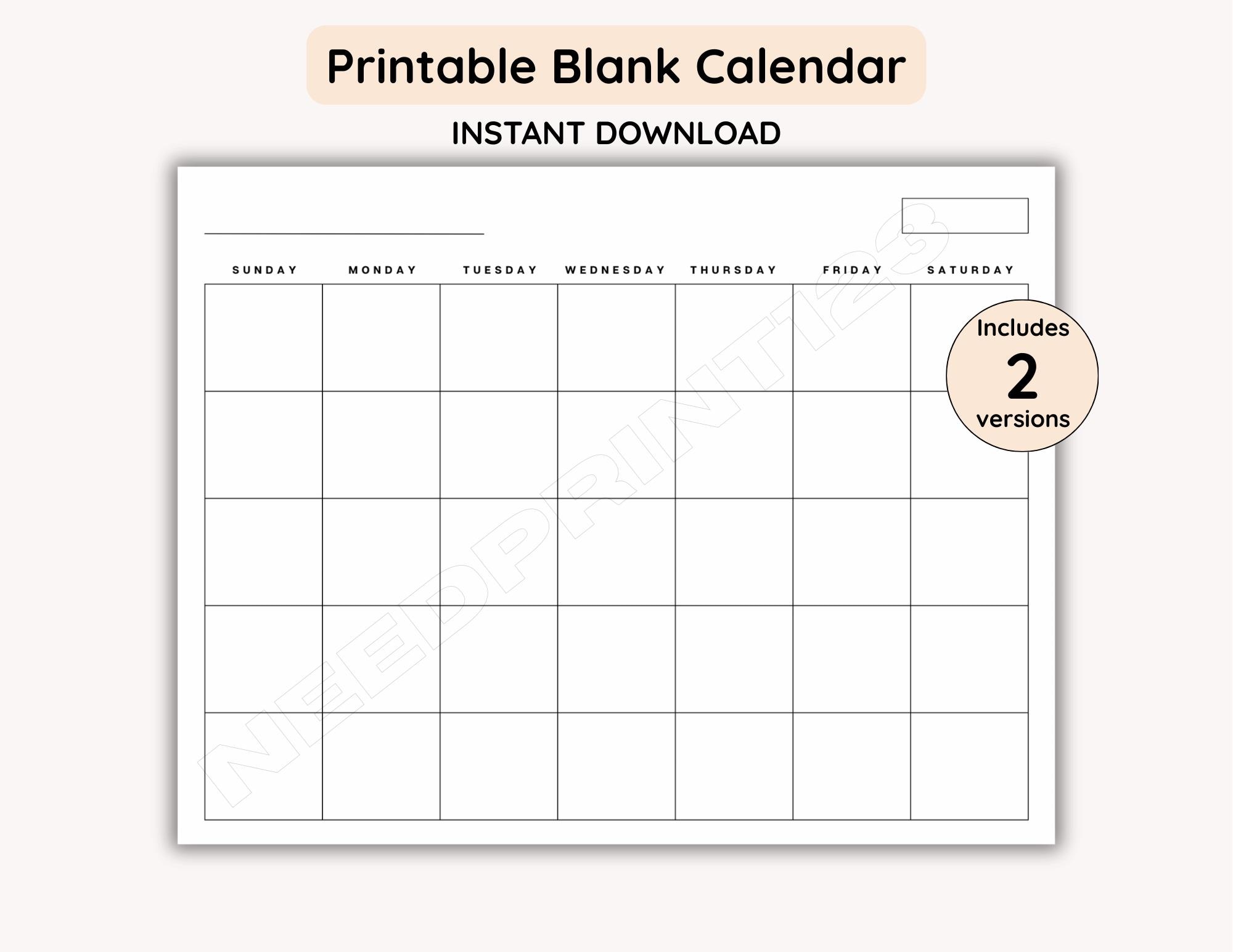 Empty Calendar.pdf Blank Calendar Printable Template: Instant Download, PDF, US Letter - Etsy