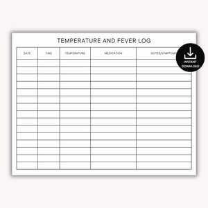 Può includere: Un registro di temperatura e febbre stampabile bianco con testo nero. Il registro include colonne per data, ora, temperatura, farmaci e note/sintomi. Un cerchio nero con un'icona di download e le parole "DOWNLOAD IMMEDIATO" si trova nell'angolo in alto a destra.