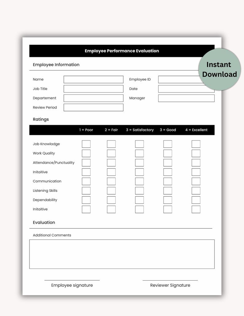 Employee Performance Evaluation Template, Printable PDF (US Letter) - Etsy