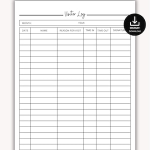 Feuille de connexion au journal des visiteurs PDF imprimable : téléchargement immédiat, PDF
