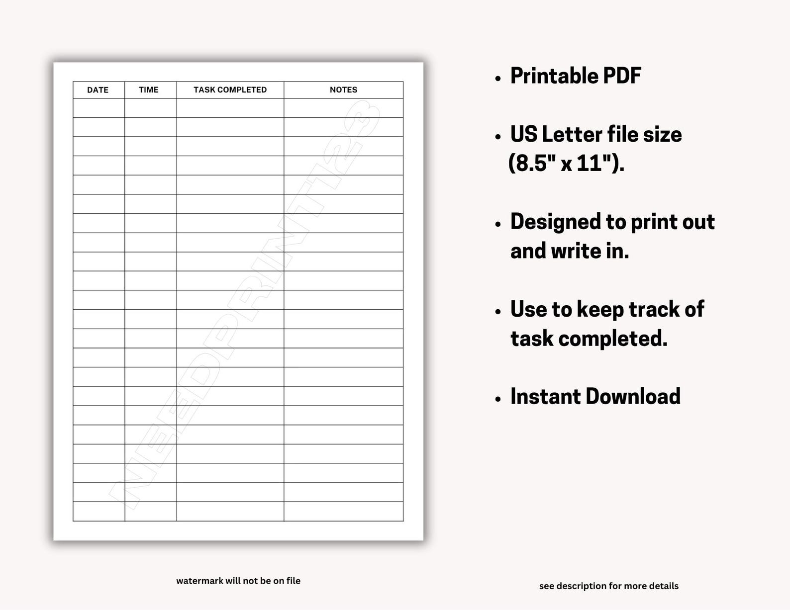 Task Log Printable Template: Instant Download, PDF (US Letter) - Etsy
