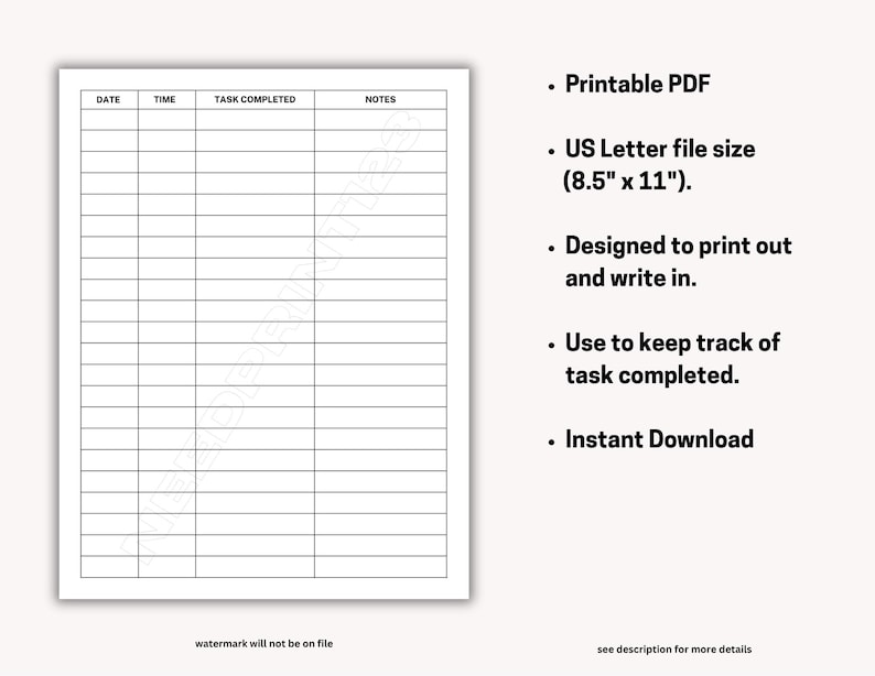 Task Log Printable Template: Instant Download, PDF (US Letter) - Etsy