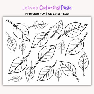 Puede incluir: Una página para colorear imprimible en blanco y negro con varias formas de hojas. El texto en la parte superior dice "Leaves Coloring Page" en morado, con "Printable PDF | US Letter Size" debajo. Las hojas están delineadas con venas visibles.