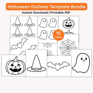 May include: A Halloween Outlines Template Bundle featuring 15 pages of printable PDF designs. The black and white line art includes illustrations of witch hats, ghosts, jack-o'-lantern pumpkins, bats, and spider webs on a white background.