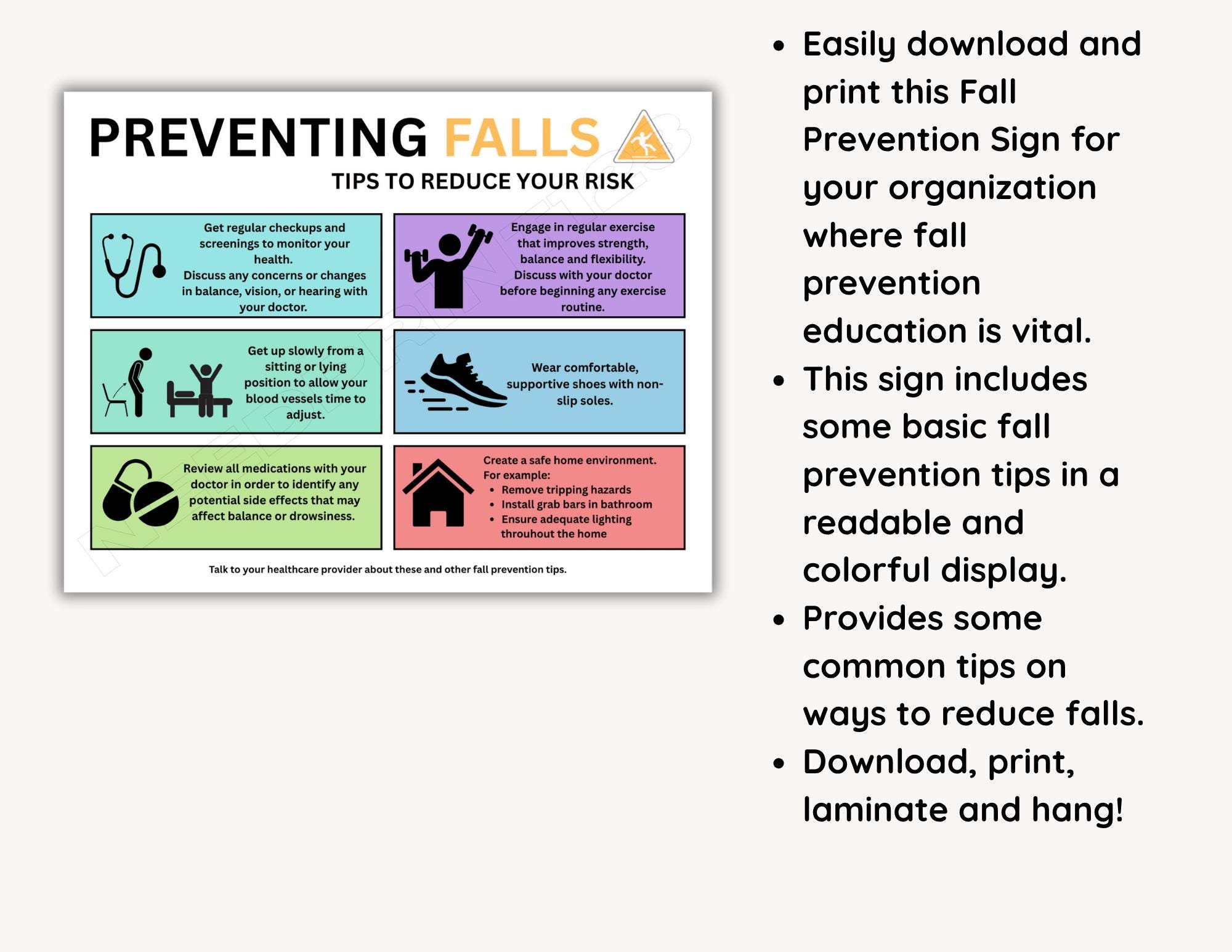 Fall Prevention Sign, Printable Educational Sign to Reduce Falls: (PDF ...