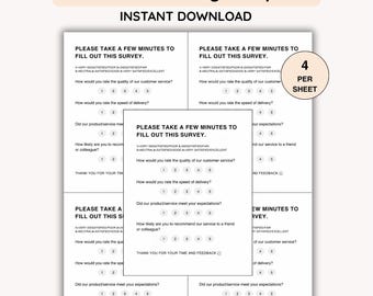Puede incluir: Una plantilla de encuesta de clientes con el texto "Customer Survey Template" e "Instant Download" en la parte superior. La plantilla incluye preguntas sobre el servicio al cliente y la satisfacción del producto, con una escala de calificación. La imagen muestra cuatro encuestas por hoja.