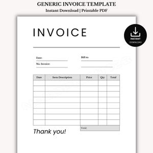 Könnte beinhalten: Eine weiße Rechnungsvorlage mit dem Wort "INVOICE" in großen Buchstaben. Die Vorlage enthält Felder für Datum, Rechnungsnummer und Rechnungsinformationen sowie eine Tabelle für Artikelbeschreibungen, Preise und Summen. Der Text "Thank you!" steht unten.