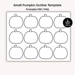 Könnte beinhalten: Eine digitale Vorlage mit dem Titel Small Pumpkin Outline Template Printable PDF | PNG, die zwölf schwarz-weiße Kürbisumrisse in einem Raster aus drei Reihen und vier Spalten zeigt, inklusive eines Symbols für einen Sofort-Download.