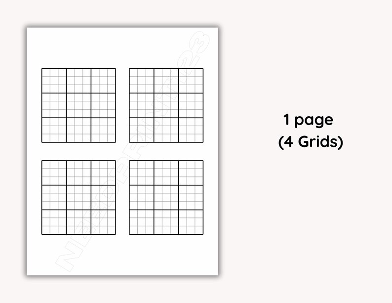 May include: A white sheet of paper with four black grid patterns. The text "1 page (4 Grids)" is printed in black on the right side of the paper. The grids are evenly spaced and ready for use.