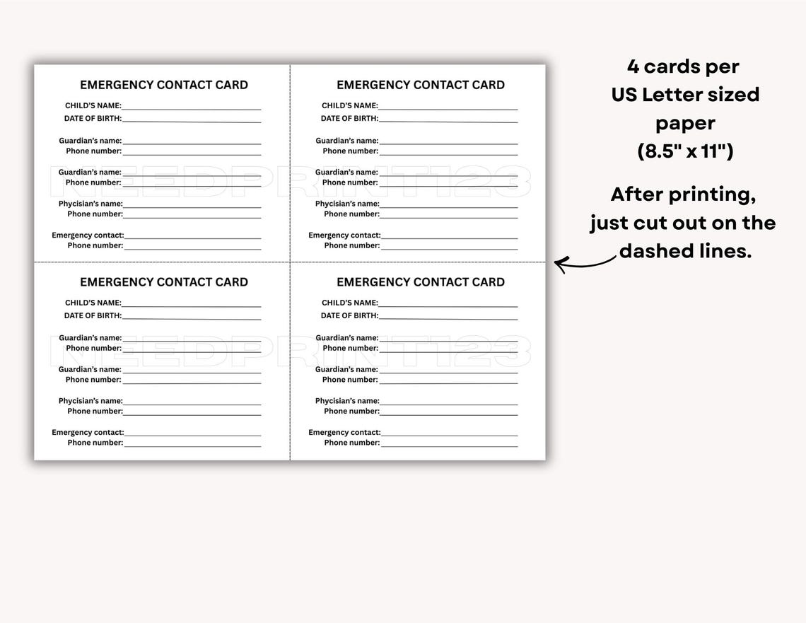Emergency Contact Cards Printable Templates: Instant Download, PDF, US ...