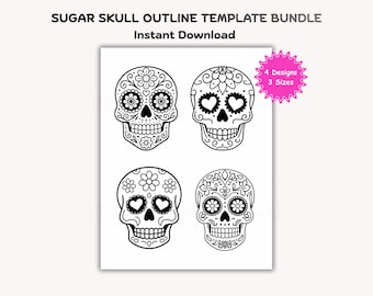 Sugar Skull Outline Template Bundle: Instant Download Printable PDF, DIY Crafts, Day of the Dead