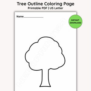 Könnte beinhalten: Eine ausdruckbare PDF-Malvorlage mit einer Baumkontur. Die Seite enthält ein Feld für einen Namen und einen grünen Kreis mit den Worten "Sofort-Download". Der Text "Tree Outline Coloring Page" steht oben.
