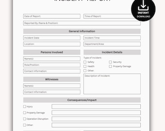 Incident Report Template, Incident Log Sheet, Health and Safety Forms: Printable PDF (US Letter)