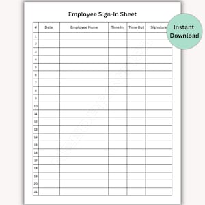 Employee Sign-In Sign-Out Sheet, Printable: (PDF Digital Download)