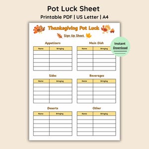 Thanksgiving Pot Luck Sign Up Sheet: Printable PDF, US Letter, A4