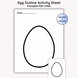 Puede incluir: Hoja de actividades imprimible blanca con un contorno de huevo negro. El texto "Egg Outline Activity Sheet" está en la parte superior, con "Printable PDF | PNG" debajo. Una versión más pequeña del contorno del huevo está en la esquina inferior derecha. Incluye 2 versiones.