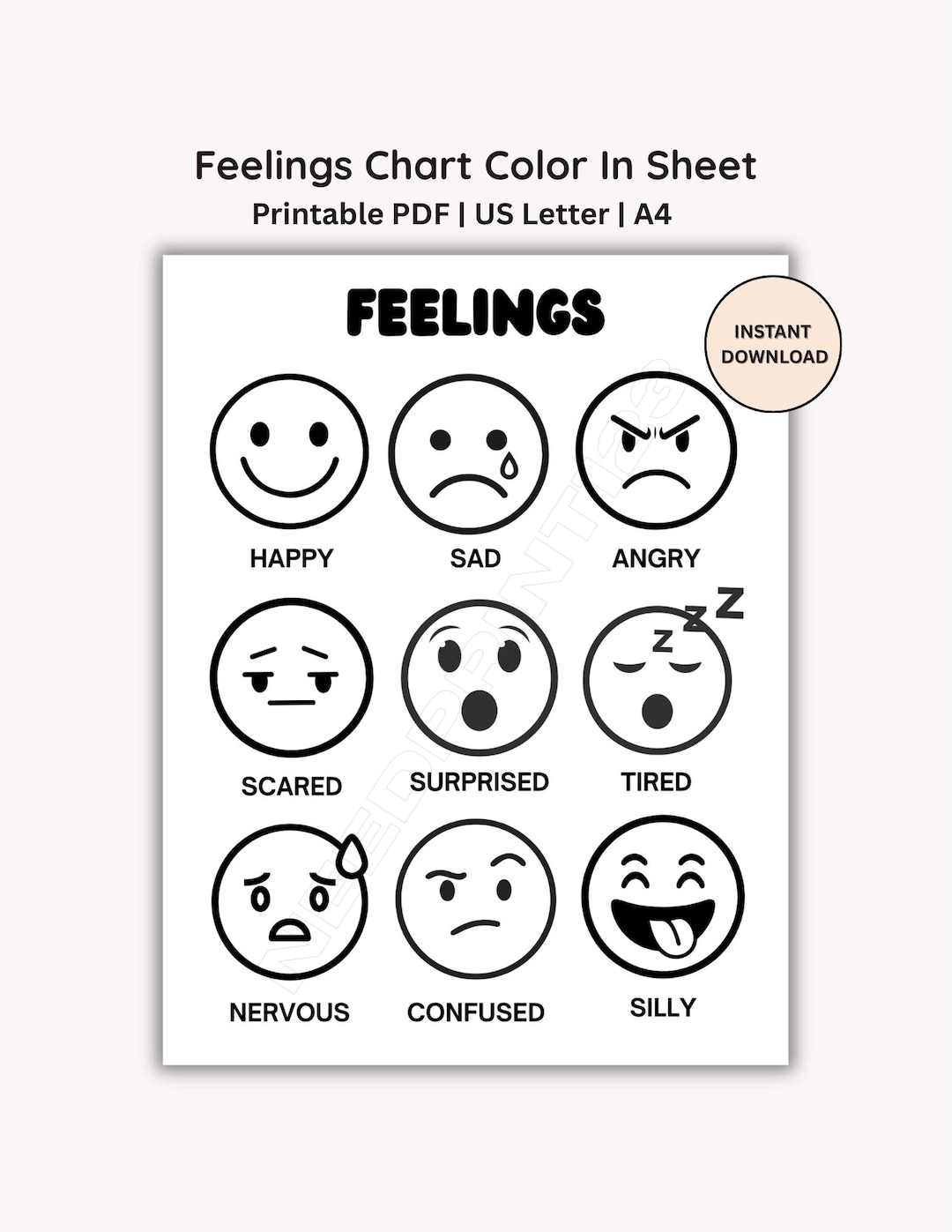 Feelings Emotions Chart Color in Sheet: Instant Download, PDF (US ...