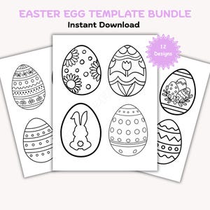 Puede incluir: Un conjunto de plantillas de huevos de Pascua con varios diseños, incluyendo patrones florales, un conejito y formas geométricas. El texto "Easter Egg Template Bundle" y "Instant Download" se muestra. Un gráfico de estrella púrpura indica "12 Designs".
