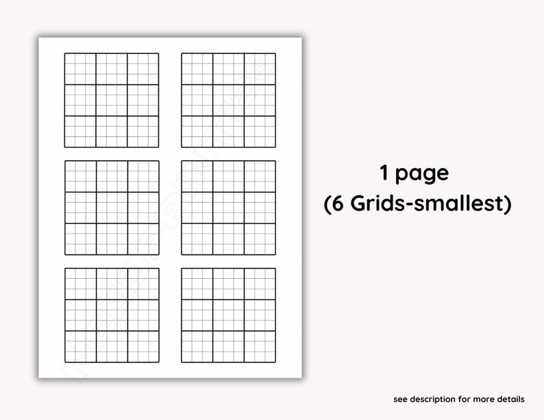 May include: A white sheet of paper with six black grid patterns. The text "1 page (6 Grids-smallest)" is displayed on the right side of the paper. The bottom of the paper has the text "see description for more details".