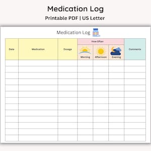 Peut inclure: Un journal de médicaments imprimable sur papier US Letter. Le journal comprend des sections pour la date, le médicament, le dosage et les commentaires. Il comporte également des colonnes pour le matin, l'après-midi et le soir, avec des icônes de soleil et de lune.