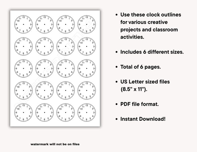Clock Outline Template Bundle: Instant Download PDF, DIY Crafts ...