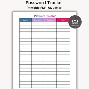 Passwort Tracker Log: druckbare PDF-Datei (US Letter), Sofort-Download