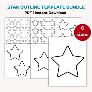 May include: A bundle of white paper templates with black star outlines. The text "STAR OUTLINE TEMPLATE BUNDLE" and "PDF | Instant Download" are at the top. A red circle with the text "6 sizes" is on the right.