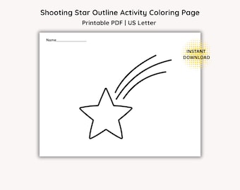 Op de afbeelding: Een witte kleurplaat met de titel Shooting Star Outline Activity Coloring Page Printable PDF US Letter. Het bevat een zwarte lijntekening van een vallende ster en een lijn voor een naam. Een gele cirkel met de tekst INSTANT DOWNLOAD is zichtbaar.