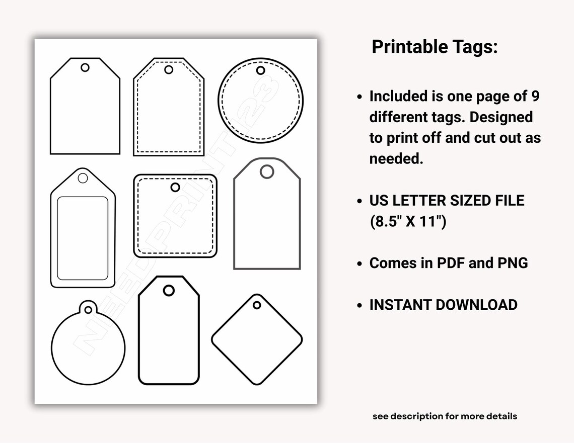 Printable Tags, Tag Template Sheet: Instant Download, US Letter, PDF ...