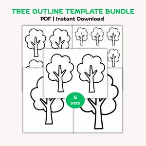 May include: A tree outline template bundle featuring black and white line drawings of trees on white paper. The text reads TREE OUTLINE TEMPLATE BUNDLE, PDF | Instant Download, and 5 SIZES. The bundle includes multiple pages with various tree sizes.