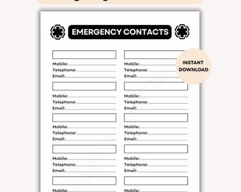 Emergency Contact List Sheet Printable: Instant Download, PDF, US Letter, A4, A5