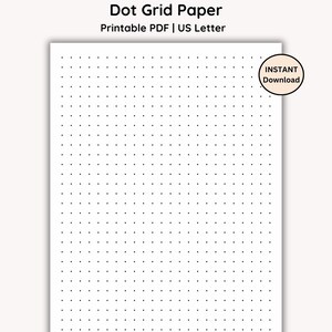 Könnte beinhalten: Ein weißes Blatt Papier im US-Letter-Format mit einem schwarzen Punktraster. Der Text oben lautet Dot Grid Paper Printable PDF | US Letter. Ein kreisförmiges pfirsichfarbenes Abzeichen in der oberen rechten Ecke enthält den Text INSTANT Download.