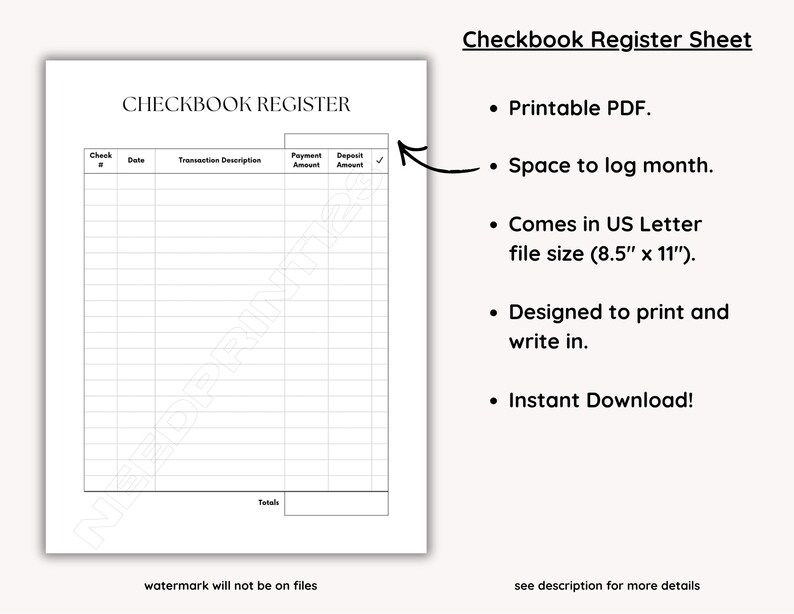 Checkbook Register Sheet, Printable Tracker: PDF (US Letter) - Etsy