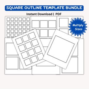 Peut inclure: Plusieurs modèles de papier blanc avec des contours carrés noirs. Le texte "SQUARE OUTLINE TEMPLATE BUNDLE" est en haut, avec "Instant Download | PDF" en dessous. Un graphique bleu en forme d'étoile dit "Multiply Sizes".